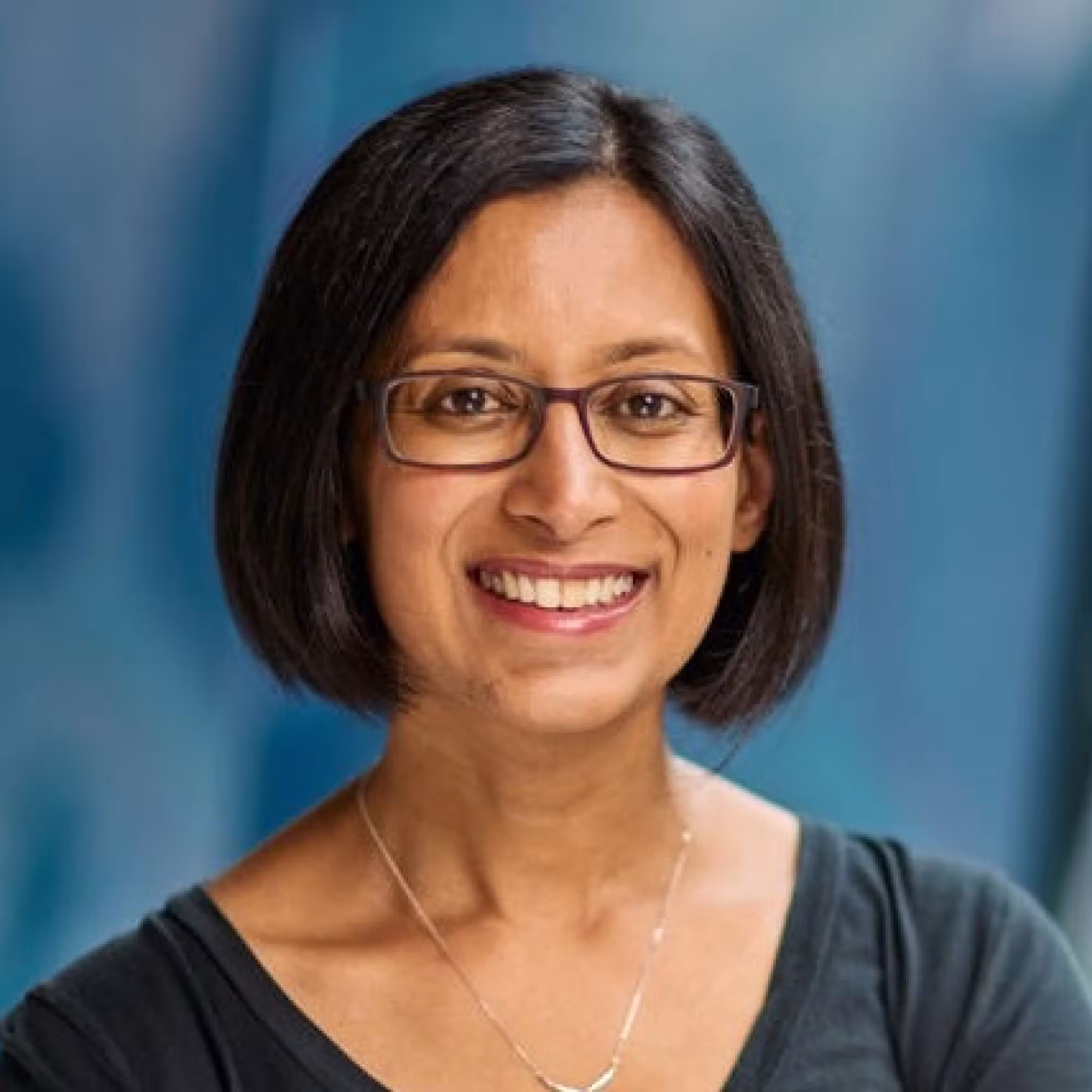 Portrait of Anjali Hinch, a woman of Asian descent, wearing glasses.