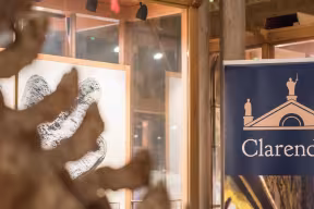 A dark blue banner with the Clarendon logo hanging in a museum