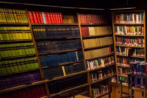 Bookshelves in Keble College library