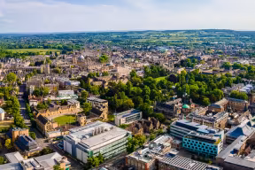 The aerial view of Oxford city center and the surrounding areas in summer, UK