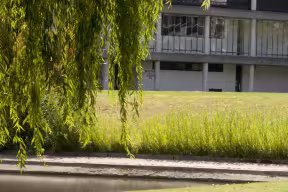 A cement building behind a small pond and a grassy field