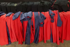 A row of red and blue Oxford DPhil gowns