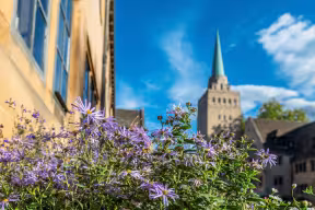 NUFFIELD COLLEGE TOWER WITH FLOWERS IN FOREGROUND