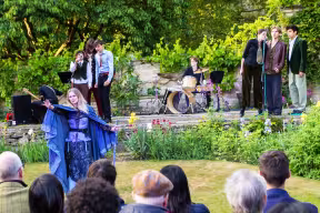 Students performing The Tempest in the Magdalen College garden play