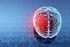 3D graphic of a brain with a specific area glowing red as if to indicate pain. The brain is overlaid against a background made up of lines of sound waves.