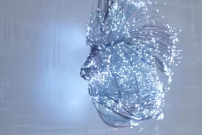 A side profile of a human face formed by interconnected glowing nodes and lines, set against a faint circuit-like background.