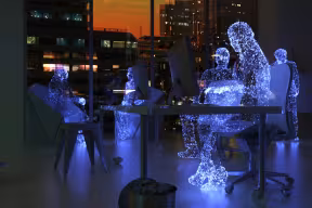 Data human working in metaverse with Cyber City skyline - stock photo