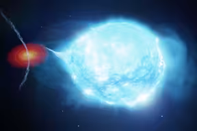 A black hole (seen as a flattened orange disc) with a vertical jet through the centre is to the left of an enormous glowing white star. The jet is being bent away from the star.