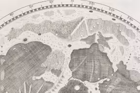 A detailed vintage illustration of the Moon’s surface, showing craters, shaded regions, and a circular degree scale along the top edge.