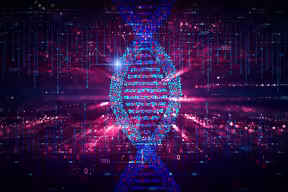 Conceptual illustration of computational biology showing a DNA double helix superimposed against a background with symbols of binary computer code and other numbers.