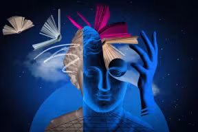 Abstract illustration of a blue human figure with floating open books and creative shapes emerging from the head against a dark blue background, symbolising learning, imagination and knowledge.