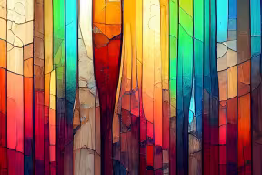Abstract stained-glass artwork with tall multicoloured panels in bright rainbow tones.