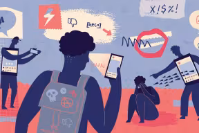 Vector illustration. Teens and cyber bullying concept. Composite illustration made from doodle elements, handmade textures and paper cut out elements.