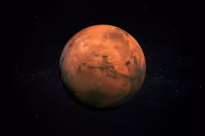 Illustration showing Planet Mars in the Starry Sky of outer Space, with craters visible on the surface.