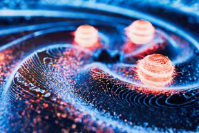  3d rendered image of an exploration of Quantum Gravity theories, showing three spheres embedded in a spiral structure.