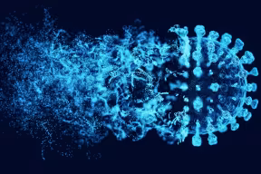 Illustration of a virus particle dissolving on one side against a black background.