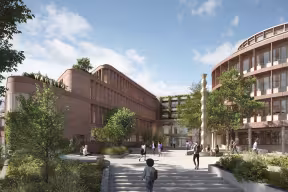 An artist’s impression which shows the proposed new Warneford Park research building on the right and the new hospital on the left, with a link building in between.