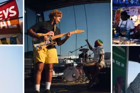 A montage of images showing residents, performers, volunteers, community organisations and visitors at Blackbird Leys Park during The Leys Festival 2026, showing activities such as rock climbing, workshops and live entertainment