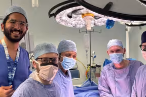 From left to right: Dr Mohamed Elzawahry, Dr Patrick Jull, Mr Venkatesha Udupa, Professor James Hunter, and Mr Dylan Barnett, the research and surgical team who carried out the first case.