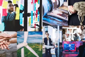 Collage of images representing a range of career sectors and professions, including business, publishing, law, renewable energy, technology and teamwork.