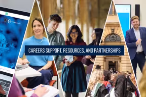 Collage showing Careers, University of Oxford services, including CareerConnect, a careers adviser, students collaborating, a careers fair and presentation.