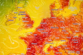  A weather forecast map of Europe covered in intense red and orange colors, symbolizing an extreme heatwave, abnormal high temperatures, climate change.