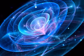 Artistic image of blue glowing quantum waves in space abstract background