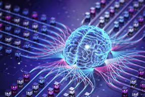 Concept of a digital brain, showing an illuminated outline of a human brain connected on four sides to computer chipboards.