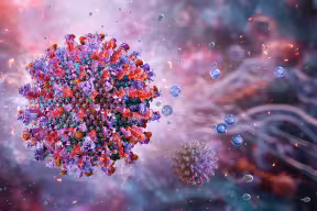 Illustration of a spiked viral particle overlaid against out-of-focus DNA strands
