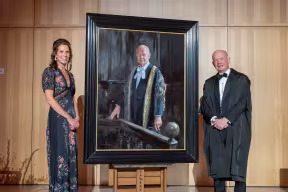 Lord Hague, Chancellor of Oxford University and artist Louise Pragnell with a newly unveiled portrait of the Chancellor
