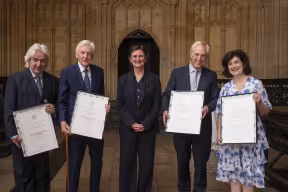 Oxford University Vice-Chancellor Irene Tracey stands with the recipients of the Distinguished Friends of Oxford award.