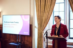 Oxford University Vice-Chancellor Irene Tracey stands talking during the Equinox Strategy launch.