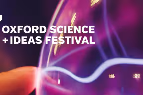 A person's finger touches a plasma ball, creating an illuminated spark. Overlaid are the words 'IF Oxford Science + Ideas Festival.'