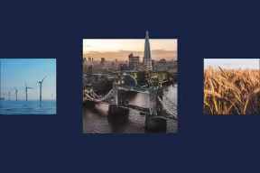 London skyline, wind turbines and a wheat field
