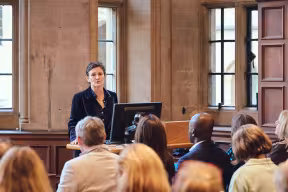 Oxford Vice-Chancellor Irene Tracey speaks to a group of teachers at the Schools Guide launch. 