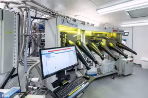 The new National Thin-Film Cluster Facility for Advanced Functional Materials, part of the University of Oxford’s Department of Physics. The image shows the main cluster glovebox where all substrates and masks are loaded, filled with high purity nitrogen 