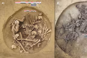 Fig. 1. Overhead views of late Middle Neolithic violence-related human mass deposits of the Alsace region, France, analysed in this study. A) pit 157 from Bergheim “Saulager” and B) pit 124 from Achenheim “Strasse 2, RD 45”.