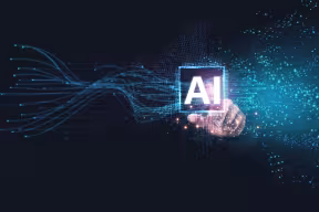 Concept of using AI to analyse big data. A hand reaches towards a floating square icon with ‘AI’ written on it. Background shows lines and points to illustrate the concept of data.