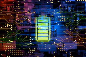 Abstract illustration of a glowing battery icon overlaid on a circuit board with neon lines and light points suggesting energy flow.