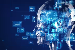 Artistic concept of artificial intelligence. A metallic human head with superimposed binary digits and icons representing different forms of data.