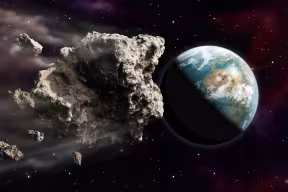 Illustration of a dangerously large asteroid approaching the Earth through outer space.