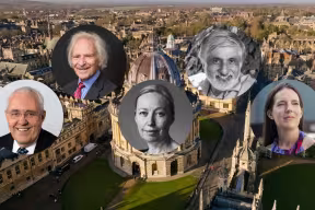 Portrait photographs of Tony Bell, Marc Feldmann, Veronique Gouverneur, Philip Maini and Molly Stevens, all superimposed above an aerial photograph of historical University of Oxford buildings. 