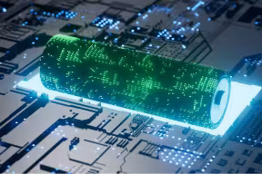 An artistic image of a glowing cylindrical battery lying on top of an electronic circuit board. Image credit: Shutterstock.