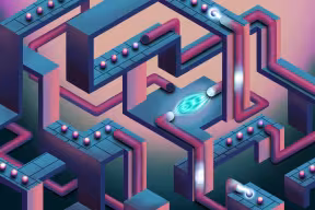 Abstract illustration of a futuristic quantum computing system with interconnected pathways, glowing energy flows, and spheres.