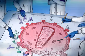 An illustration that depicts scientists strategising around a drawing of an HIV virus - artwork by Marzia Munafo 
