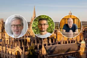 Portrait photographs of Emeritus Professor Ronald Roy, Professor Andrea Vedaldi, and Professor Michael Wooldridge. Background image shows the Oxford University skyline at sunset.