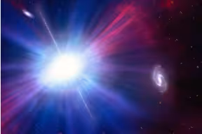 An extremely bright explosion in outer space radiates white-hot light in all directions. A spiral galaxy is visible to the side.