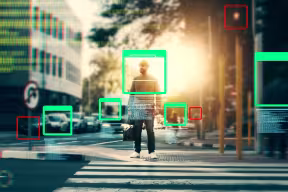 A person crossing a street in a city, surrounded by augmented reality-style overlays and bounding boxes highlighting objects such as the individual, vehicles, and traffic lights, implying the use of AI or computer vision for object detection and tracking.