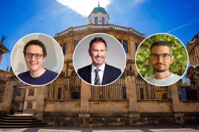 Portrait photographs of Professor Timothy Behrens (Photo credit: Louise Gould and Professor Andrew Goodwin and Professor Andrea Vedaldi. The background is the Sheldonian Theatre, part of the University of Oxford.