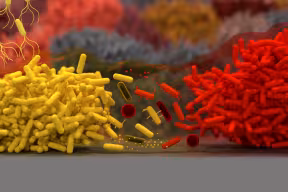 Artistic image showing two colonies of bacterial cells attacking each other. Some bacteria have released chemicals into the surrounding environment. Other bacterial cells are attacking competitors at close-range using spikes attached to their membrane.